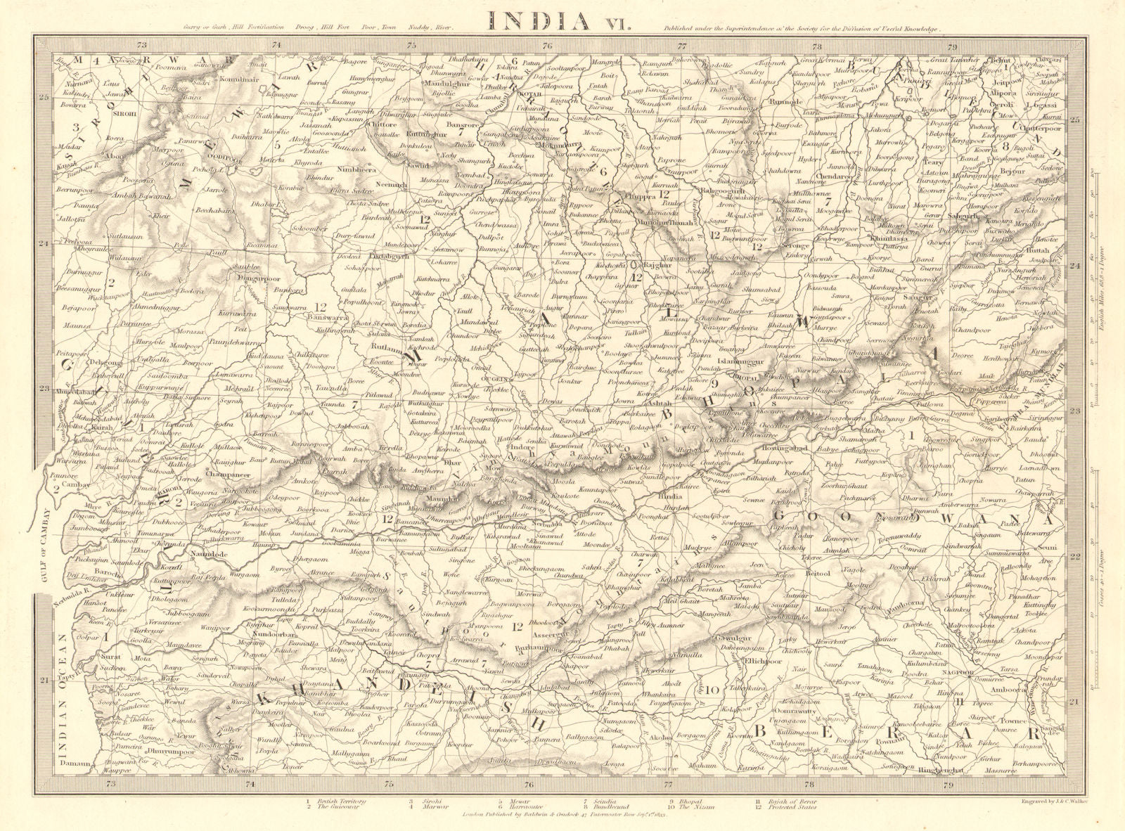 INDIA.Bundelkhand to Khandeish Berar.Gujerat. Goondwana Bhopal.SDUK 1848 map